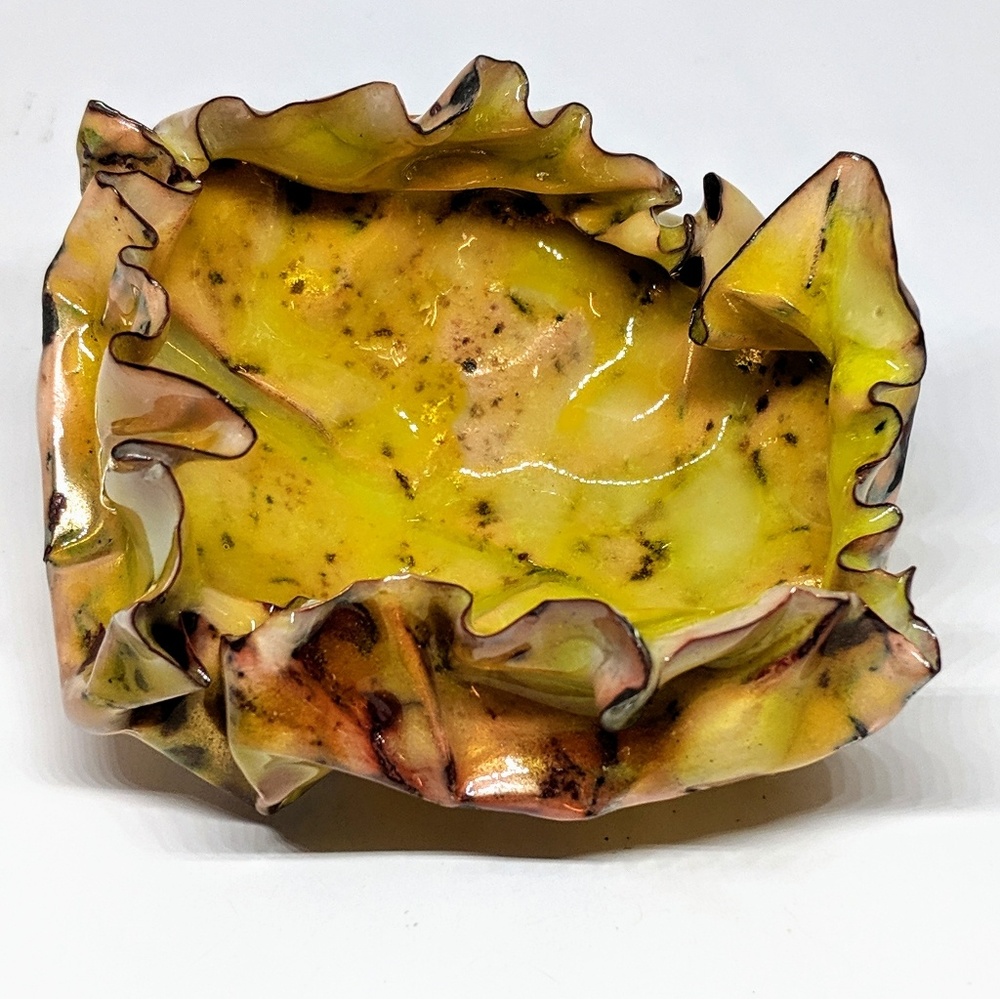 Handcrafted Form Folded Yellow Enamel Ring Dish